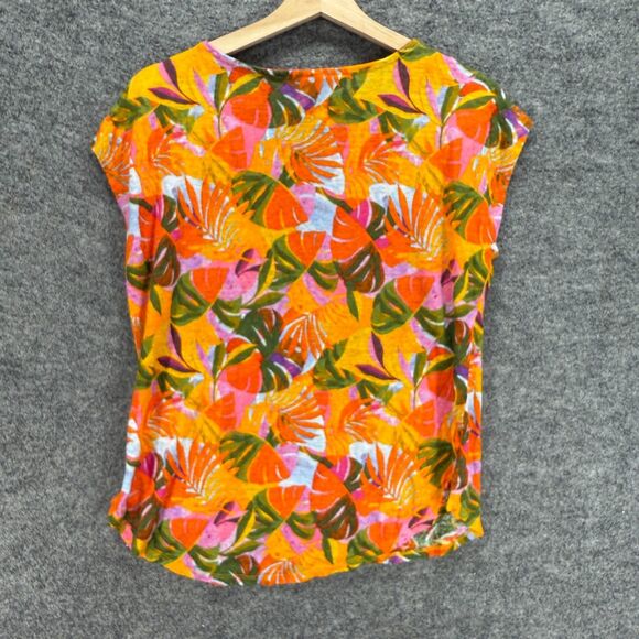 C&C California Blouse Women L Large Orange Floral Short Sleeve Linen Casual - Picture 2 of 9